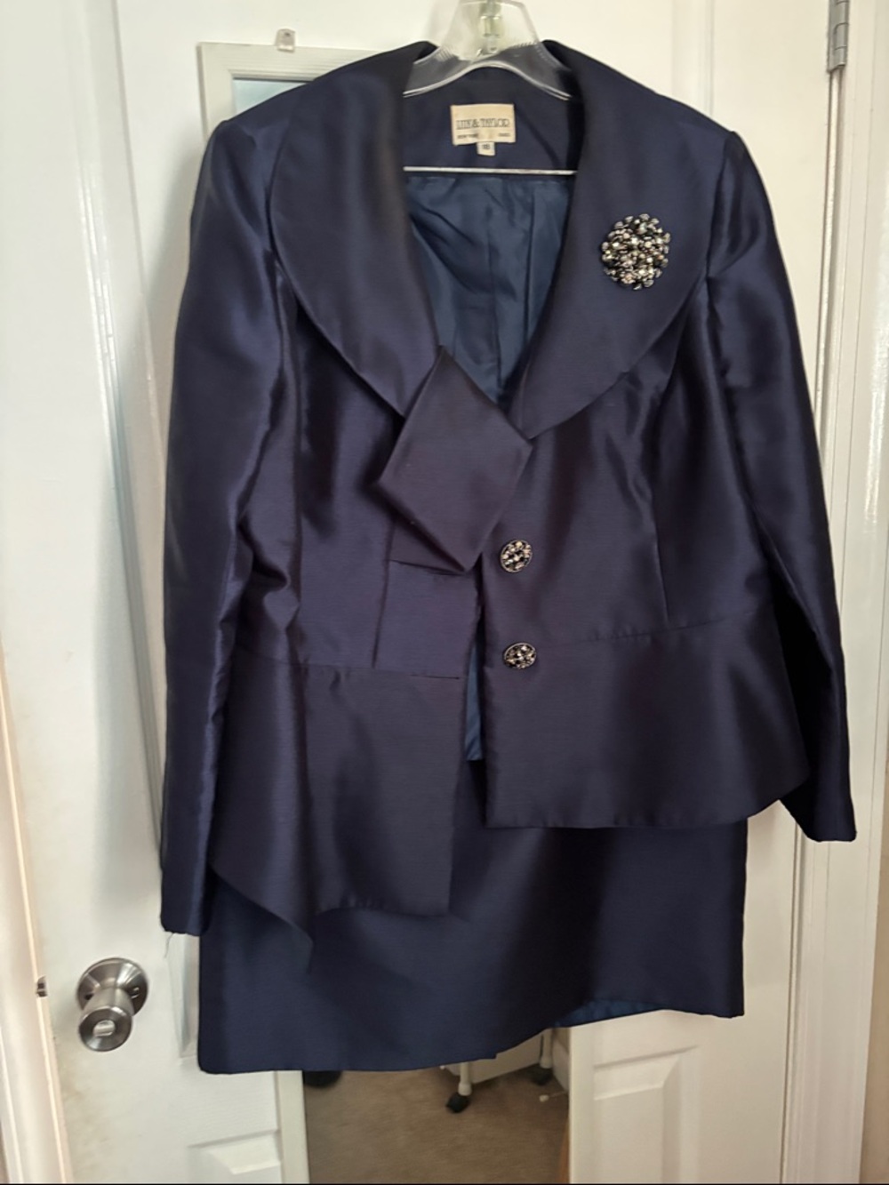Lily and Taylor Navy Satin Blazer with matching skirt Jeweled Accent